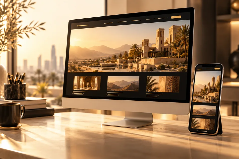 صورة توضيحية لخدمة تصميم المواقع بإضاءة ذهبية دافئة.
